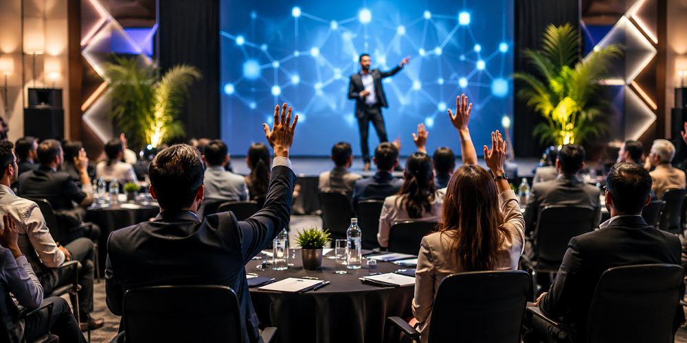 Corporate audience engagement and live Q&A session at a professional conference in a modern venue