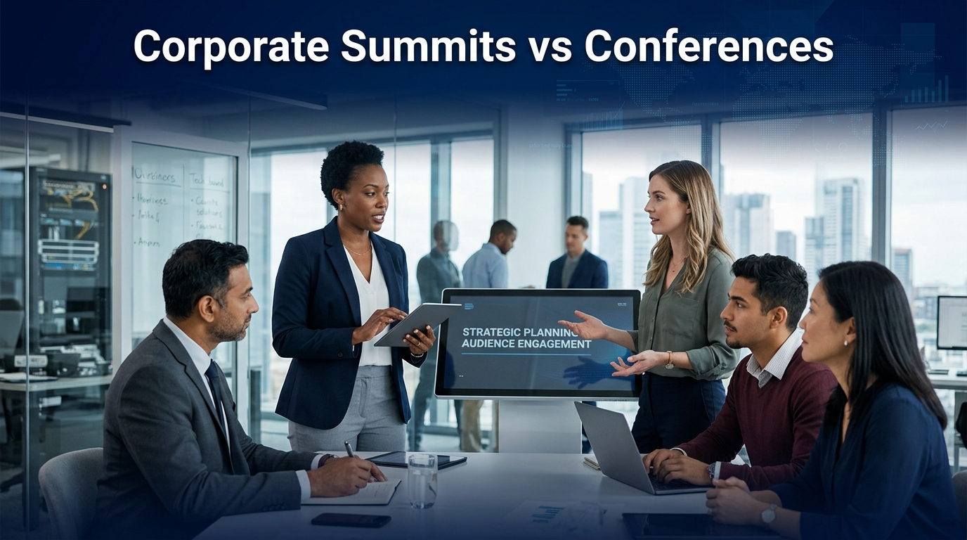 Corporate summit vs conference comparison showing executive event planning options for brand strategy.