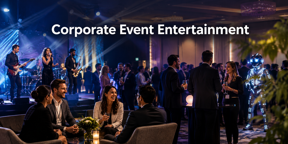 Futuristic LED robot and live band performance boosting corporate event entertainment and attendee engagement. 